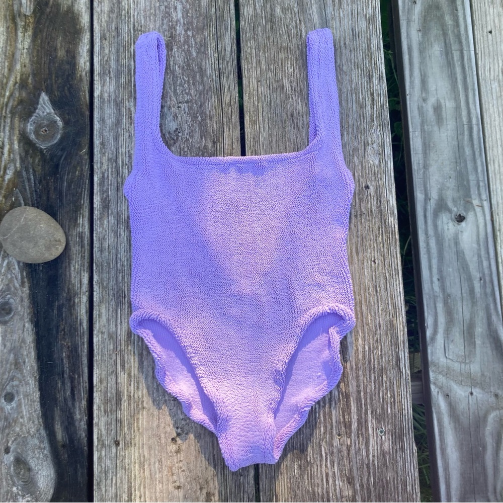 Hunza G crinkle square neck suit in lilac